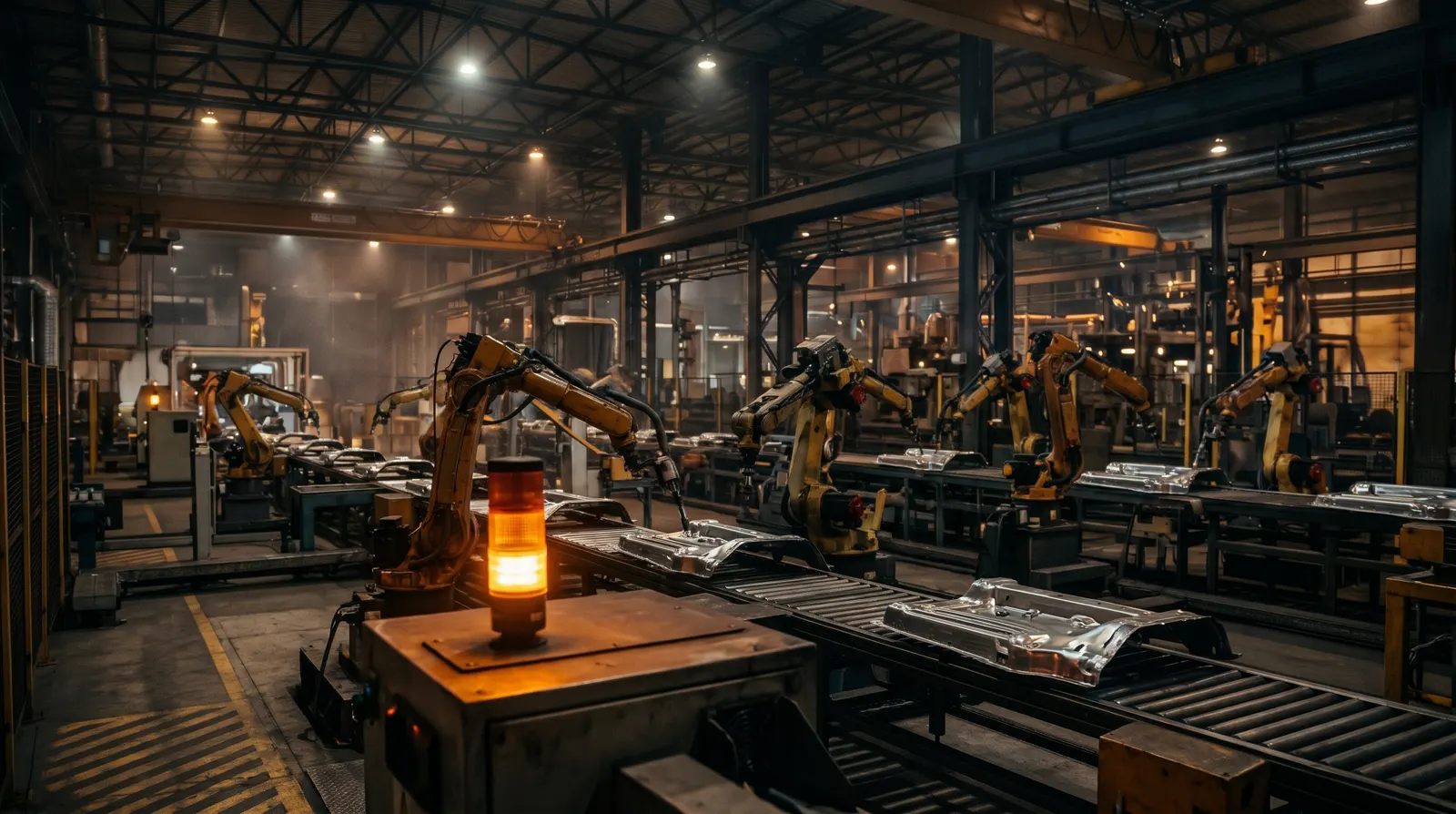 Automotive production line with welding robots and an amber stack light
